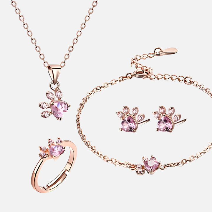 4-Piece Rose Gold Paw Jewelry Set with Zirconia Heart (Ring, Necklace, Earrings, Bracelet)
