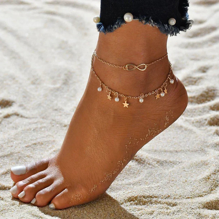 Gold Infinity Anklet Bracelet with Pearls and Stars