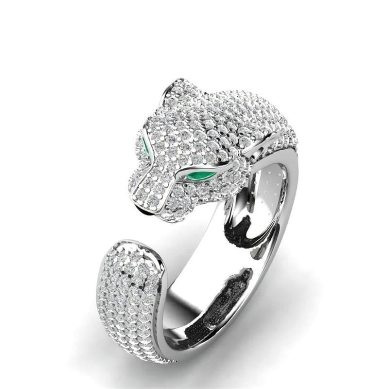 Adjustable Jaguar Ring in 18K Silver and Rose Gold Featuring Green Zirconia Eyes