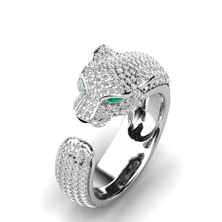 Adjustable Jaguar Ring in 18K Silver and Rose Gold Featuring Green Zirconia Eyes