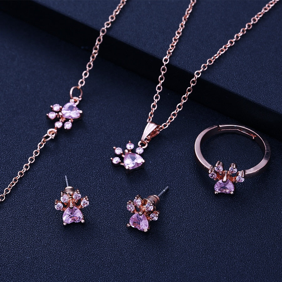 4-Piece Rose Gold Paw Jewelry Set with Zirconia Heart (Ring, Necklace, Earrings, Bracelet)