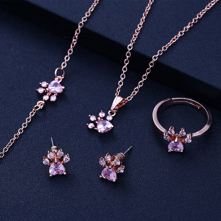 4-Piece Rose Gold Paw Jewelry Set with Zirconia Heart (Ring, Necklace, Earrings, Bracelet)